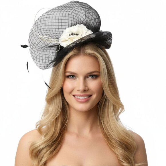 Sinamay Mesh Fascinator Feathers Flowers Hat Headband Wedding Party  Black Cream - Picture 3 of 10